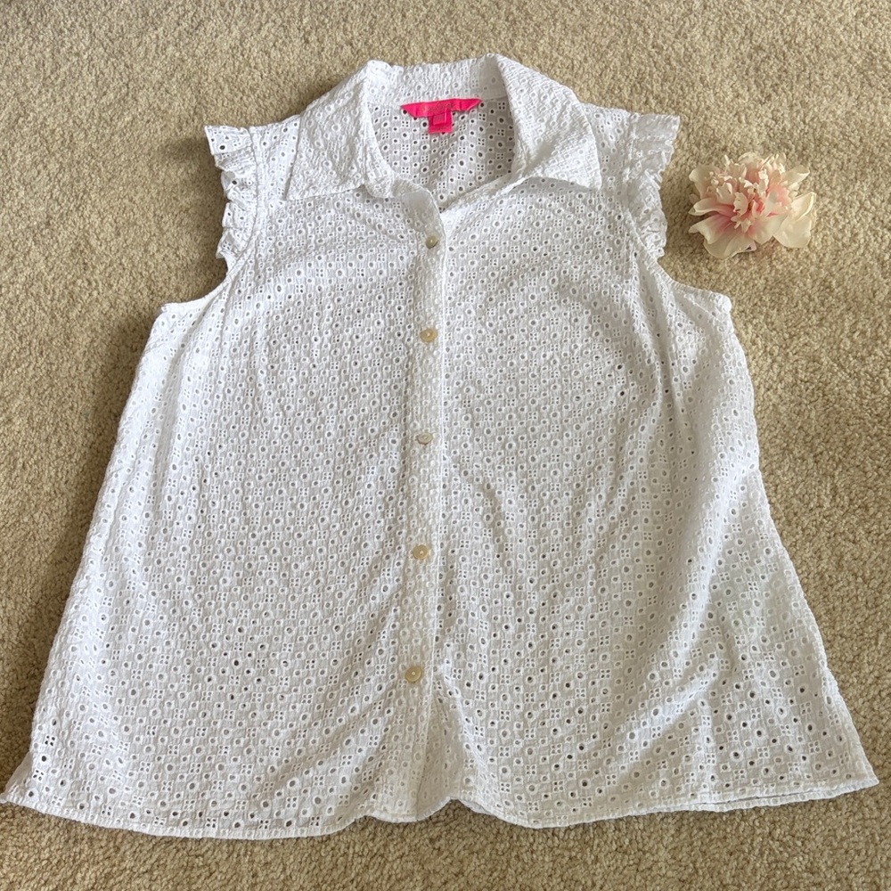 Lilly Pulitzer White Eyelet Button-Up Blouse, 4